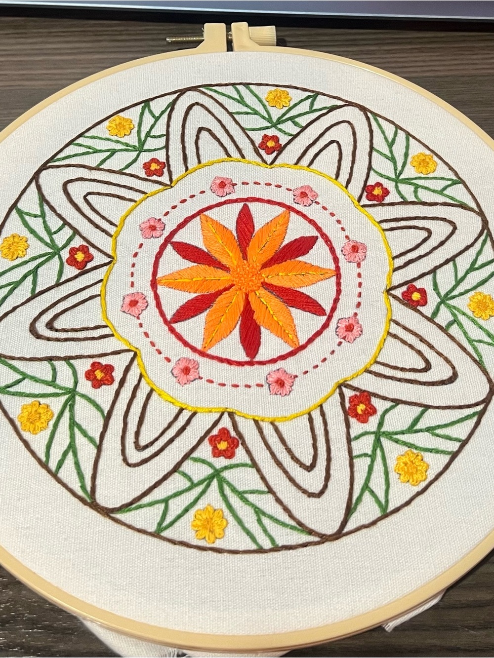 Hand Embroidered Floral Mandala Hoop - Orange, Red, Yellow, Pink, Green - NWOT